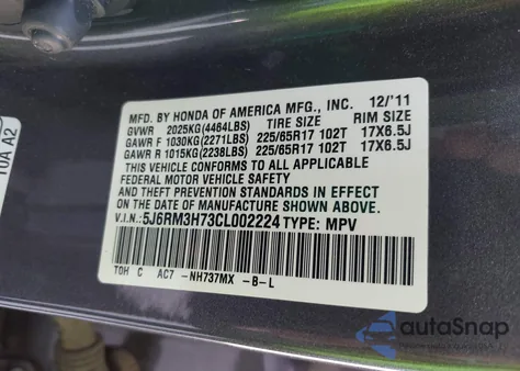 2012 Honda Cr-V Ex-L z USA, uszkodzony, nr VIN 5J6RM3H73CL002224